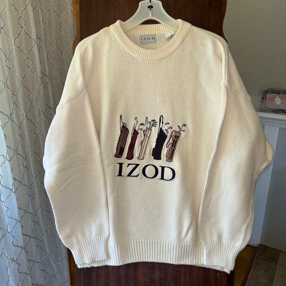 Vtg Izod Sweater Pull Over Embroidered Golf Clubs 100% Cotton Knit Cream Large